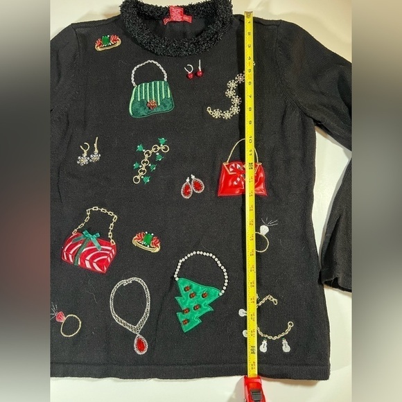 Merry & Bright black embellished embroidered Christmas sweater sz L bling glam - Picture 10 of 11